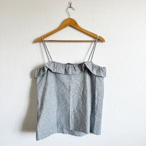 Blue Rain Tops - Blue Rain Large Grey White Stripe Square Ruffle Neckline Tank